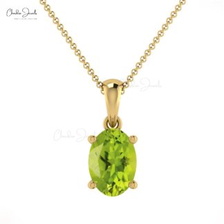 Solitaire Dainty Charm with 7x5mm Peridot Gemstone Prong Set In 14k Real Gold Pendant