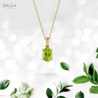 Solitaire Dainty Charm with 7x5mm Peridot Gemstone Prong Set In 14k Real Gold Pendant