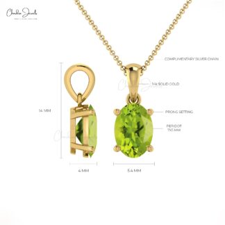 Solitaire Dainty Charm with 7x5mm Peridot Gemstone Prong Set In 14k Real Gold Pendant