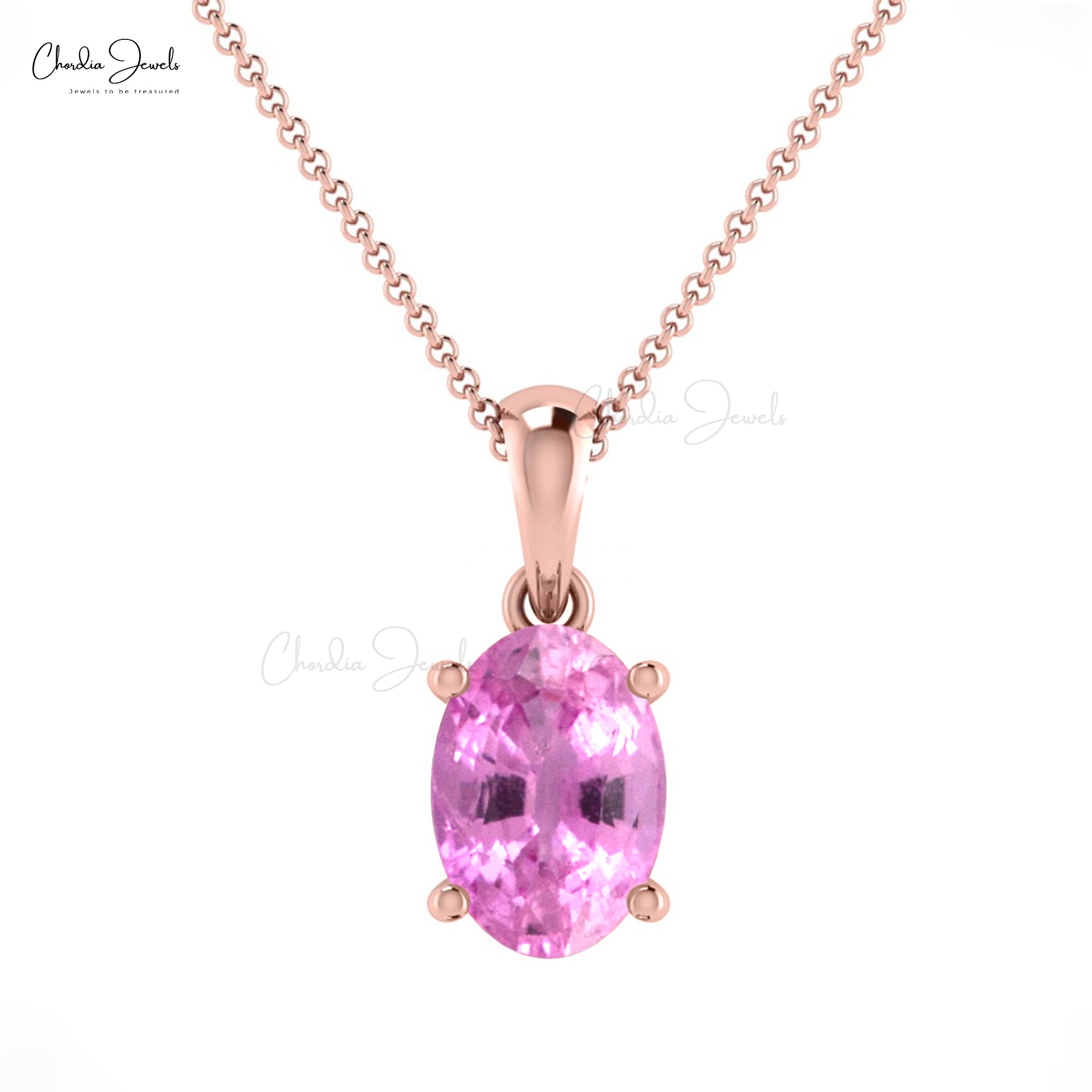 Single Stone Solitaire Charm With 14k Real Gold Pink Sapphire 7x5mm Gemstone Pendant