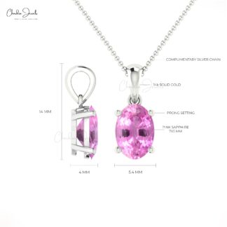 Single Stone Solitaire Charm With 14k Real Gold Pink Sapphire 7x5mm Gemstone Pendant