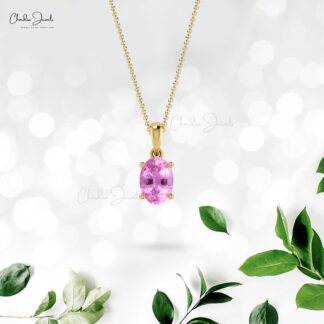 Single Stone Solitaire Charm With 14k Real Gold Pink Sapphire 7x5mm Gemstone Pendant