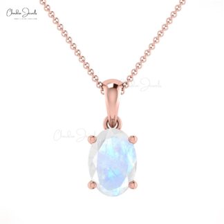 Solid 14k Gold Solitaire Charm With 7x5mm Rainbow Moonstone Hallmark Pendant