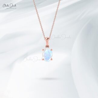 Solid 14k Gold Solitaire Charm With 7x5mm Rainbow Moonstone Hallmark Pendant