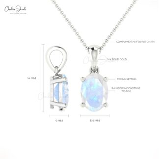 Solid 14k Gold Solitaire Charm With 7x5mm Rainbow Moonstone Hallmark Pendant