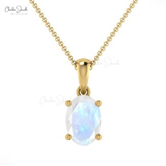Solid 14k Gold Solitaire Charm With 7x5mm Rainbow Moonstone Hallmark Pendant