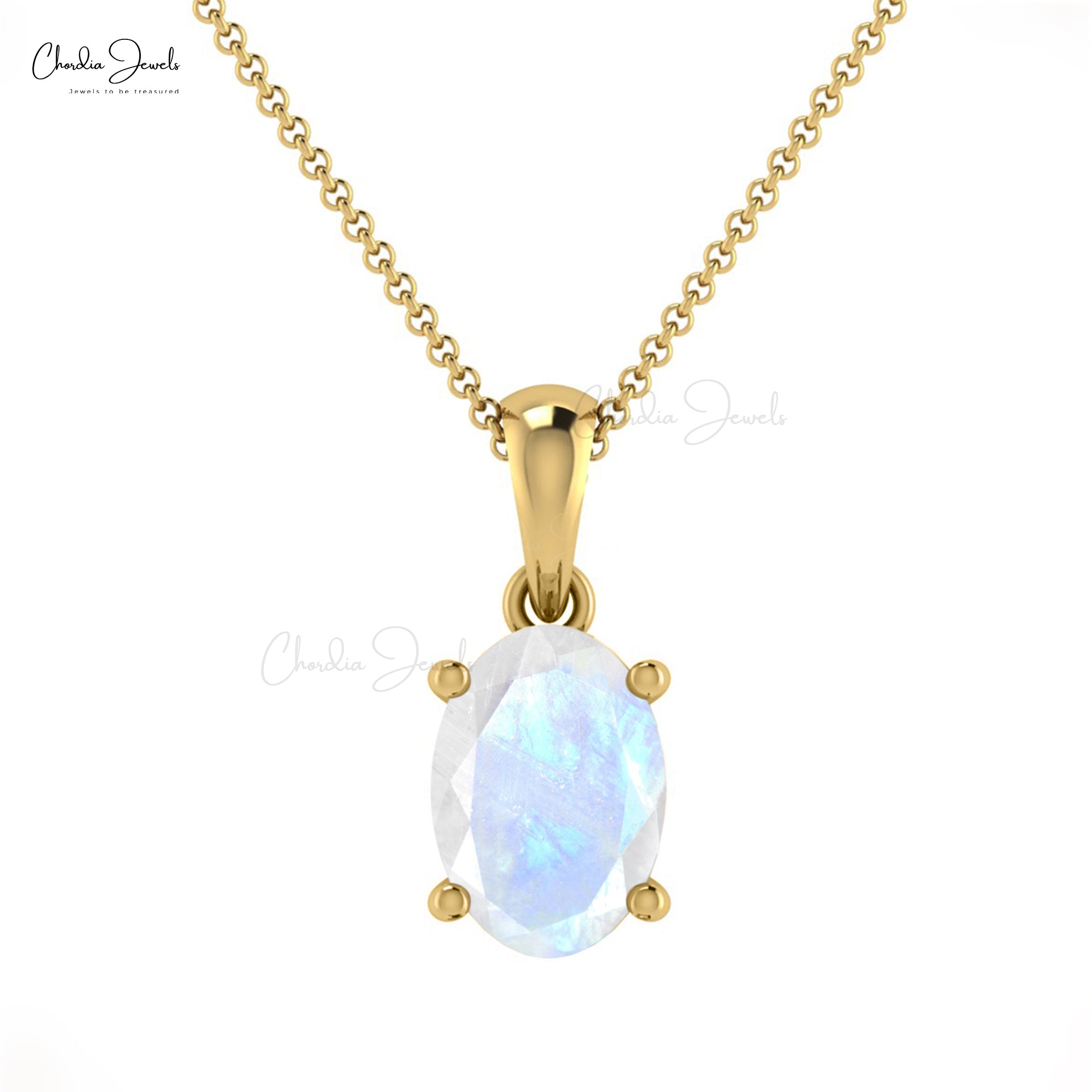 Solid 14k Gold Solitaire Charm With 7x5mm Rainbow Moonstone Hallmark Pendant