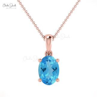 Genuine Swiss Blue Topaz Dangle Pendant in 14k Real Gold Handmade Jewelry For Mom
