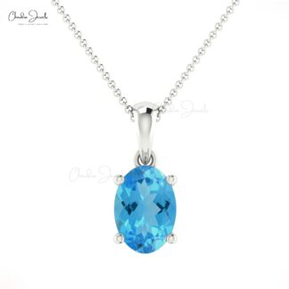 Genuine Swiss Blue Topaz Dangle Pendant in 14k Real Gold Handmade Jewelry For Mom