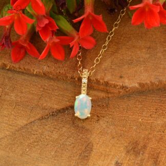 Two Stone Minimal Pendant in 14k Yellow Gold Opal And Diamond Women Pendant