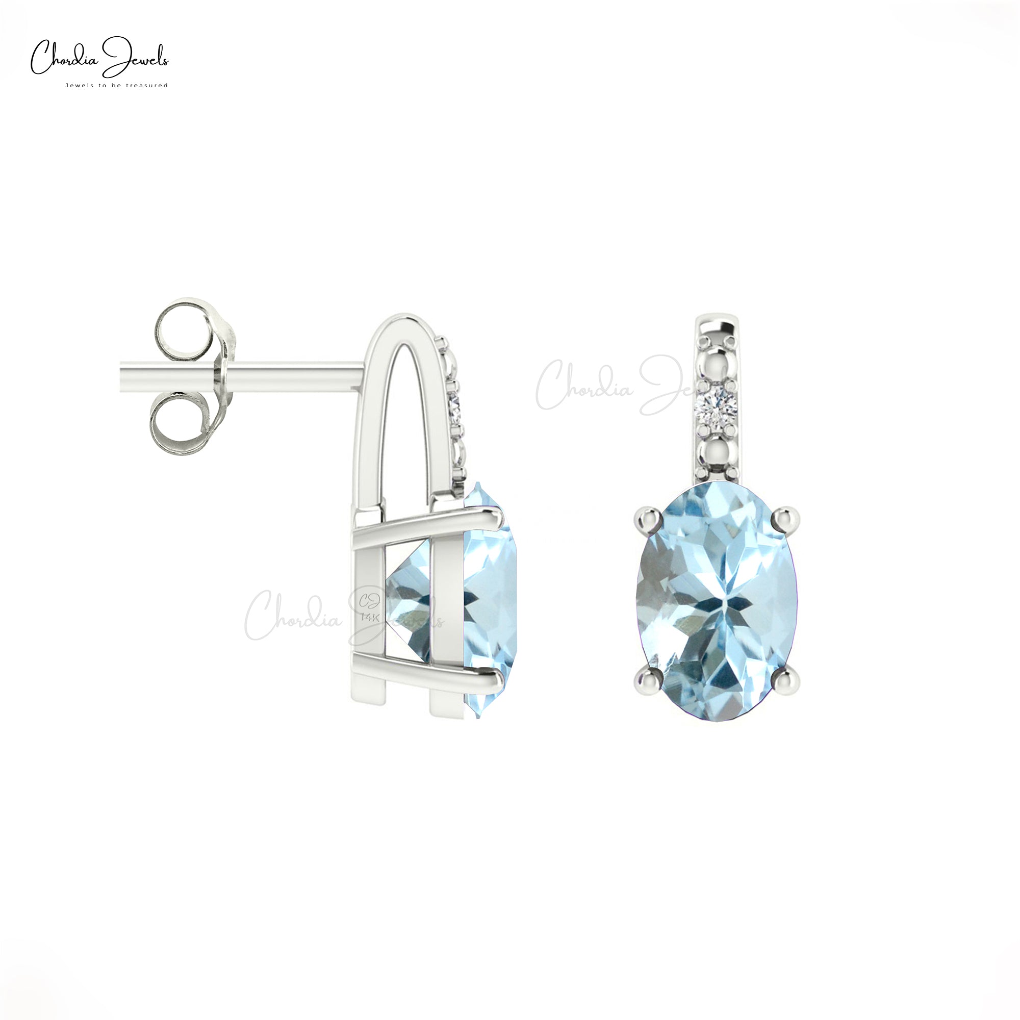 Natural Aquamarine Diamond Earrings 14k Real Gold Handmade Earrings 6x4mm Oval Cut Gemstone Jewelry For Birthday Gift