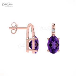 Authentic Purple Amethyst 0.88 Ct February Birthstone Earrings, 14k Solid Gold Diamond Accented Earrings With Push Back, 6x4mm Oval Cut Gemstone Hallmarked Jewelry For Gift