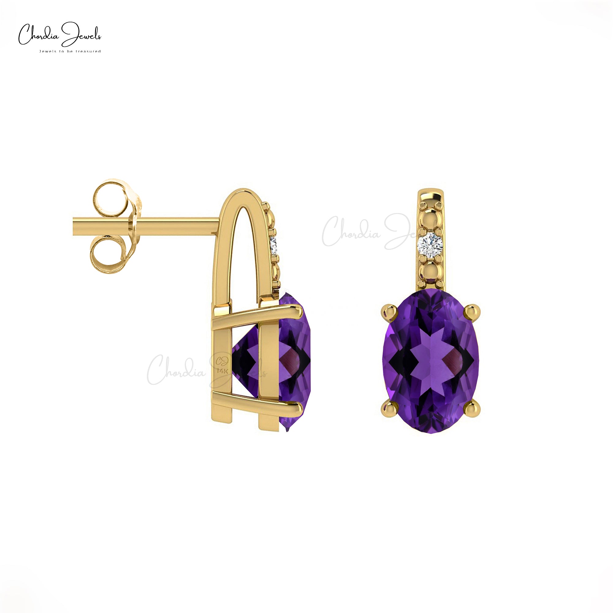 Authentic Purple Amethyst 0.88 Ct February Birthstone Earrings, 14k Solid Gold Diamond Accented Earrings With Push Back, 6x4mm Oval Cut Gemstone Hallmarked Jewelry For Gift