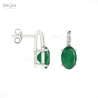 Genuine Emerald Stud Earrings With Diamond Accents In 14k Solid Gold