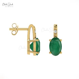 Genuine Emerald Stud Earrings With Diamond Accents In 14k Solid Gold