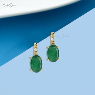 Genuine Emerald Stud Earrings With Diamond Accents In 14k Solid Gold