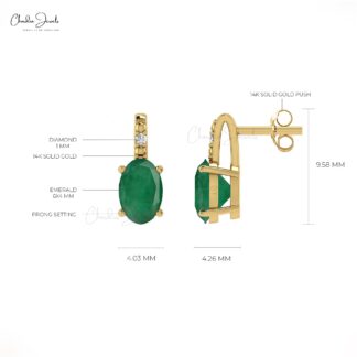 Genuine Emerald Stud Earrings With Diamond Accents In 14k Solid Gold