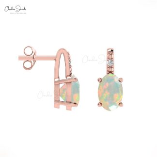Oval Ethiopian Opal & Diamond 14K Gold Earrings 100% Natural