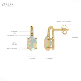Genuine Diamond Accent Studs 14k Yellow Gold 6x4mm Opal Earrings For Her
