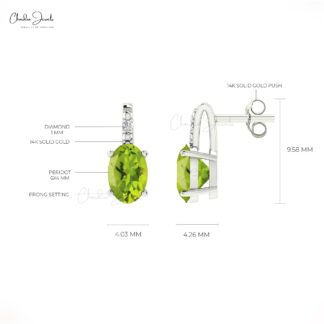 AAA Peridot Minimal Stud Earrings 14k Real Gold Diamond Studs 6x4mm Oval Cut Natural Gemstone Fine Jewelry For Bridesmaid Gift