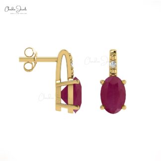 Natural 0.82Ct Oval Red Ruby with Pave Diamond Accents in 14k Solid Gold Birthstone Earrings
