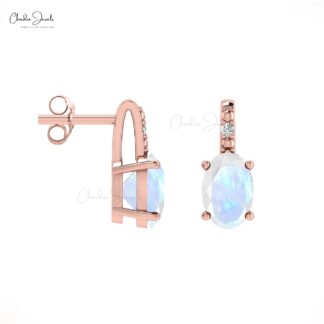 Fine Jewelry Rainbow Moonstone 14K Gold Earrings With Round Diamond