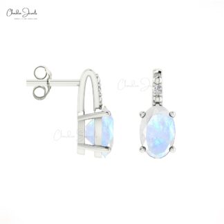 Fine Jewelry Rainbow Moonstone 14K Gold Earrings With Round Diamond