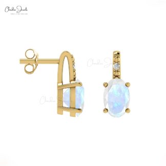 Fine Jewelry Rainbow Moonstone 14K Gold Earrings With Round Diamond
