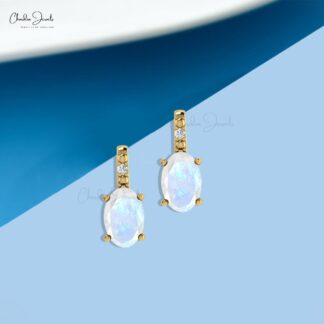 Fine Jewelry Rainbow Moonstone 14K Gold Earrings With Round Diamond