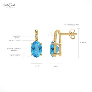 Oval Swiss Blue Topaz Gemstone Earrings in 14K Gold with Round Diamond