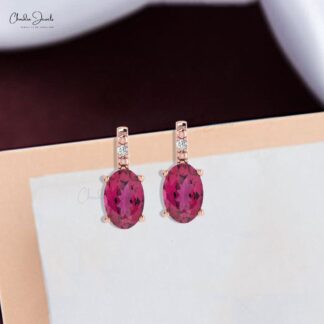 Fine Jewelry Pink Tourmaline 14K Gold Earrings With Round Diamond