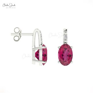 Fine Jewelry Pink Tourmaline 14K Gold Earrings With Round Diamond