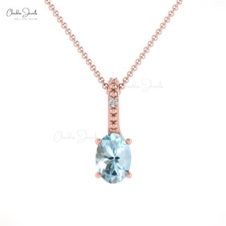 Oval Hidden Bail Locket With 0.4 Ct Aquamarine And Diamond 14k Solid Gold Pendant