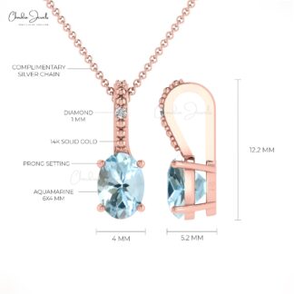 Oval Hidden Bail Locket With 0.4 Ct Aquamarine And Diamond 14k Solid Gold Pendant