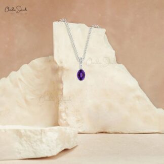Natural Amethyst 2 Stone Pendant With Pave Diamond 14k Solid Gold Minimalist Jewelry