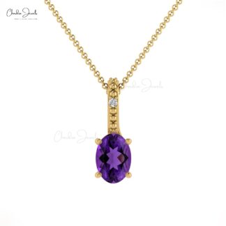 Natural Amethyst 2 Stone Pendant With Pave Diamond 14k Solid Gold Minimalist Jewelry