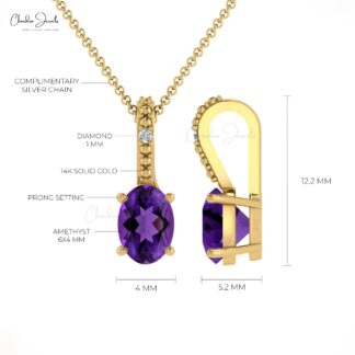 Natural Amethyst 2 Stone Pendant With Pave Diamond 14k Solid Gold Minimalist Jewelry
