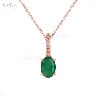 Hidden Bail Locket With Oval Emerald & Diamond 14k Solid Gold 2 Stone Pendant