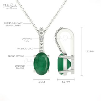 Hidden Bail Locket With Oval Emerald & Diamond 14k Solid Gold 2 Stone Pendant