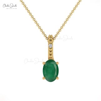 Hidden Bail Locket With Oval Emerald & Diamond 14k Solid Gold 2 Stone Pendant