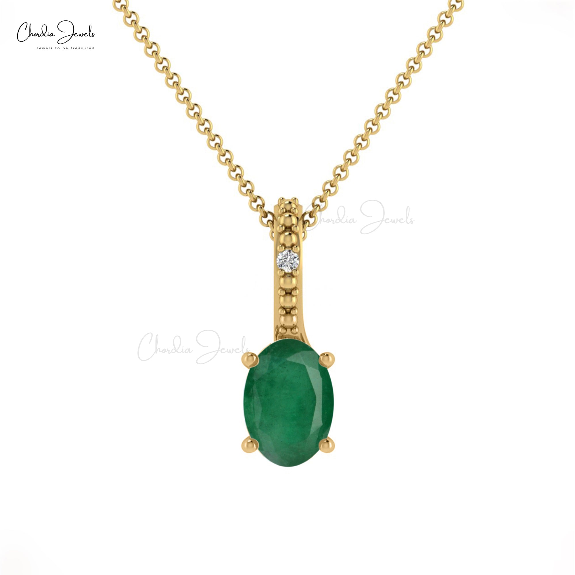 Hidden Bail Locket With Oval Emerald & Diamond 14k Solid Gold 2 Stone Pendant