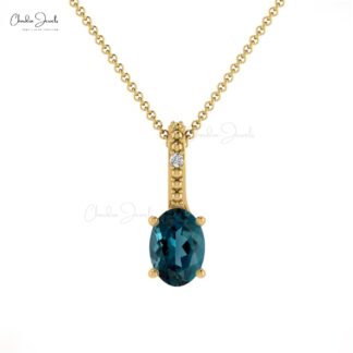 Solid 14k Gold Dual Stone Charm With 6x4mm London Blue Topaz Diamond Women Pendant