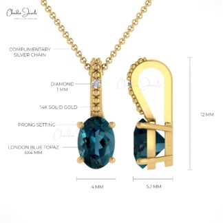 Solid 14k Gold Dual Stone Charm With 6x4mm London Blue Topaz Diamond Women Pendant