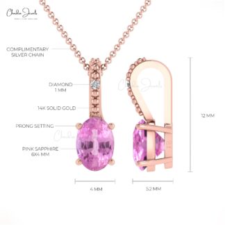 Oval Gemstone Locket in 14k Real Gold Pink Sapphire & Diamond Hidden Bail Pendant