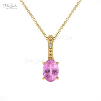 Oval Gemstone Locket in 14k Real Gold Pink Sapphire & Diamond Hidden Bail Pendant