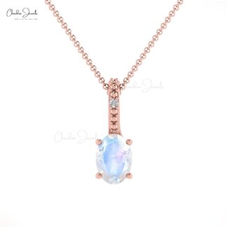 Rainbow Moonstone 0.54 Ct Gemstone and Diamond 14k Real Gold Hidden Bail Pendant