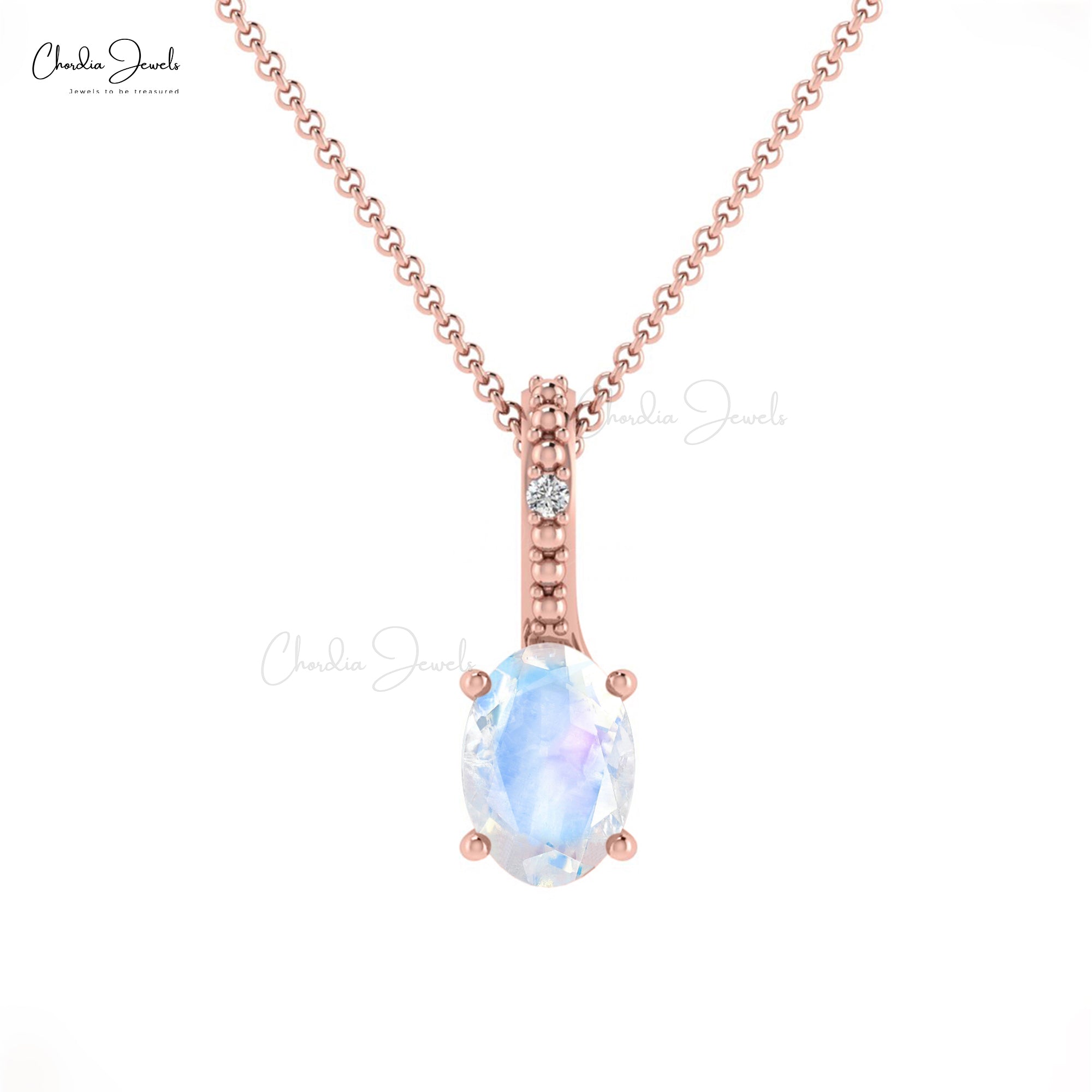 Rainbow Moonstone 0.54 Ct Gemstone and Diamond 14k Real Gold Hidden Bail Pendant