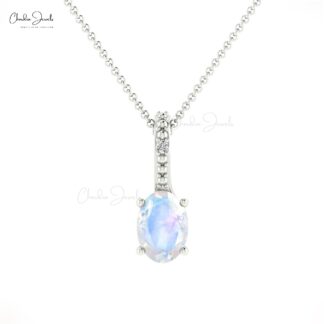 Rainbow Moonstone 0.54 Ct Gemstone and Diamond 14k Real Gold Hidden Bail Pendant