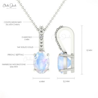 Rainbow Moonstone 0.54 Ct Gemstone and Diamond 14k Real Gold Hidden Bail Pendant