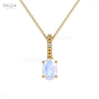 Rainbow Moonstone 0.54 Ct Gemstone and Diamond 14k Real Gold Hidden Bail Pendant